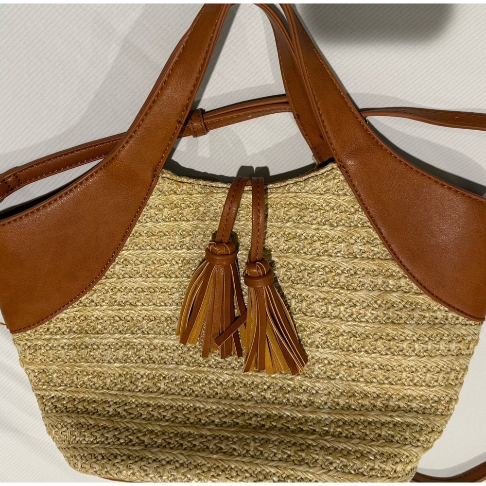 Sole Society Straw Purse Brown Leather Detail Tassle NWOT